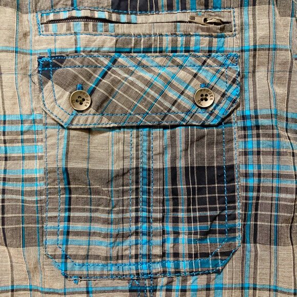PROJEK RAW Plus-size men's blue grey black plaid shirt ~ 2X XXL short-sleeve top - Picture 6 of 13